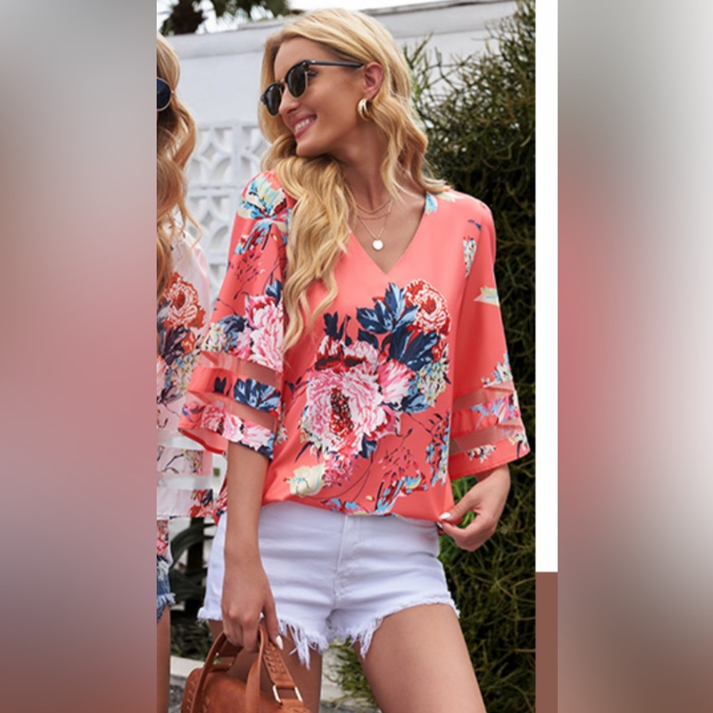 Floral Salmon V Neck Blouse with Bell Sleeves
